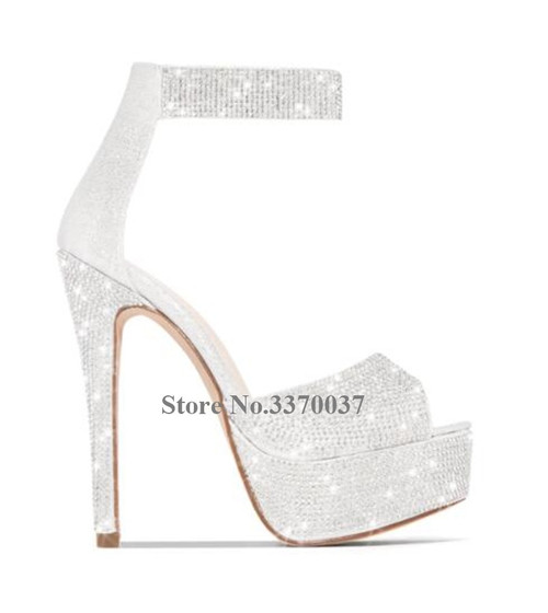 QueenLine Bling Bling Luxurious Rhinestone Peep Toe Peep Toe Platform Stiletto Heel Pumps Ankle Strap Crystal High Heels Wedding Shoes