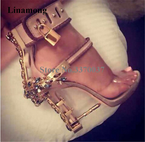QueenLine New Fashion Open Toe PVC Rhinestone Metal Lock Platform Sandals Ankle Wrap Crystal Nail Heel Sandals Evening Club Shoes
