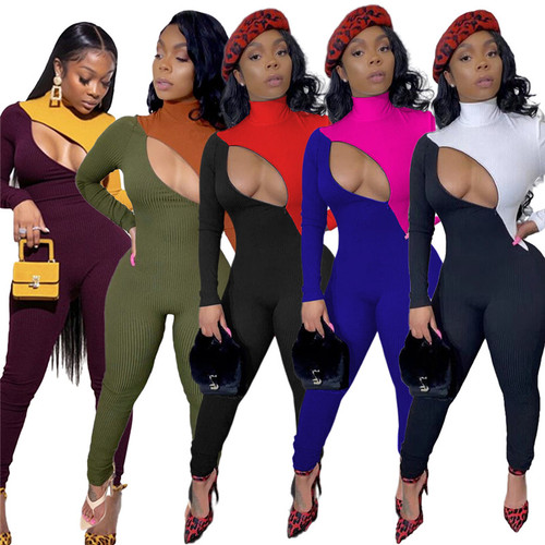 QueenLine Sexy Zip Cut Out Bodycon Jumpsuit Rave Festival Turtleneck Body One Piece Club Outfit Long Sleeve Rompers Women Jumpsuit