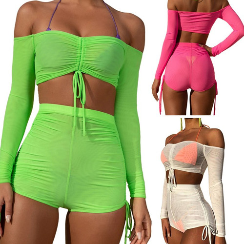 QueenLine  Off Shoulder 2 Piece Set Women Sheer Mesh Crop Top And Shorts Set Sweat Suits Sexy Beach Two Piece Outfits