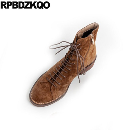 QueenLine Faux Fur Fall Short Chunky Suede Women Ankle Boots Round Toe Military Lace Up Autumn Shoes Winter Combat Brown