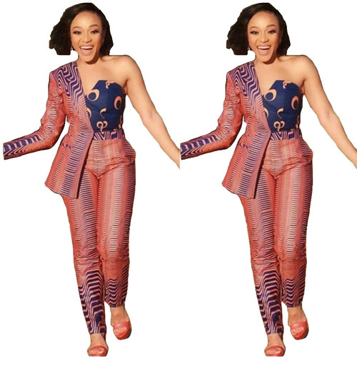 QueenLine Women Winter Women Set Tracksuit Irregular Print Strapless Blazers Pants Suit Two Piece Set Office Lady Business Uniform GL700