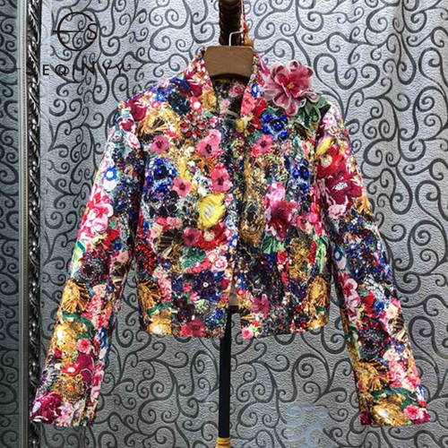 QueenLine Luxury Jacket Spring Autumn New Fashion Design Bead Sequins Crystal Colorful Flowers Print Jacquard Top Women