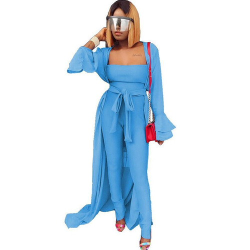 QueenLine Fashion Two Piece Set Women Flare Sleeve Long Cardigan Trench Coat and Strapless Jumpsuit Club 2 Pcs Matching Set Outfits Sashes