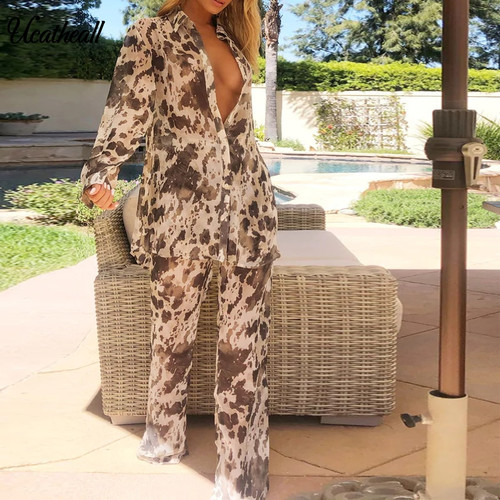 QueenLine Ladies Clothes Sexy 2 Pieces Sets Trun Down Collar Print Long Coat+wide Pants Outfits Suits Party Clubwear Women Two Piece Set