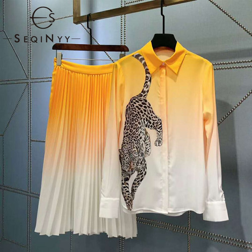 QueenLine  High Quality Set Summer Spring New Fashion Design Women Leopard Print Shirt + Pleated Gradient Long Skirt Suit