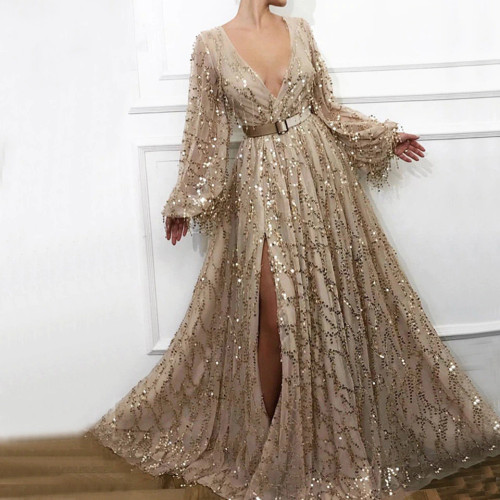QueenLine Gold Evening Dresses Sequins Lace Long Sleeves Lantern Slit Dubai Saudi Arabic Evening Gown Boho Prom Dress