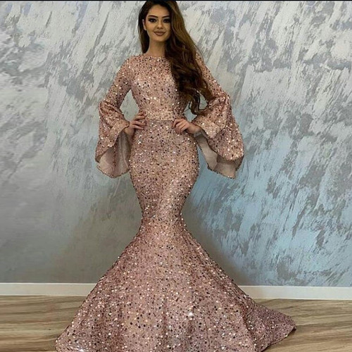 QueenLine Pretty Rose Pink Sequined Mermaid Prom Dresses With Flare Full Sleeves Elegant Long Prom Gowns Vestidos