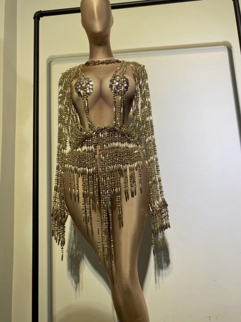 QueenLine Beading Chain Tassels Bodysuit Singer Dancer Performance Stage Wear Birthday Party Show Crystals Beaded Fringe Bodysuits Leotard