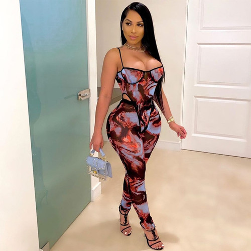 QueenLine Fashion Print Sheer Mesh Pants Set Clubwear See Through Jumpsuit Women Two Piece Outfits Bodysuit Leggings D57-CD18