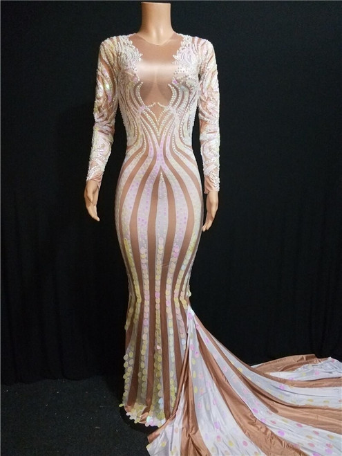 QueenLine Long Tail Dress Sexy Evening Bodycon Clothes New Multi Color Sequins Long Sleeve Rhinestones Women's Clothing Party Celebrate