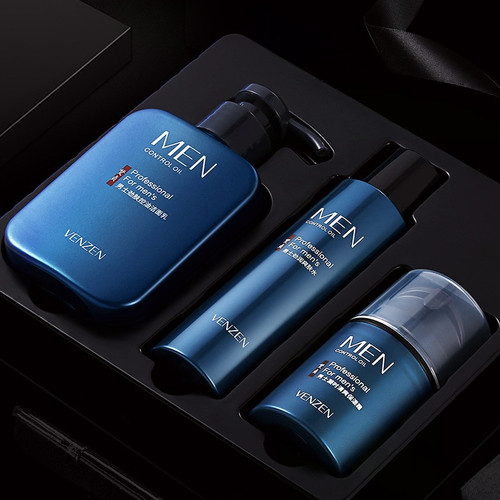 QueenLine Skin Care Set For Men 3 PCS With Box Face Toner Essence Cream Facial Cleanser Kit Oil Control Refreshing Moisturizing For Mens P