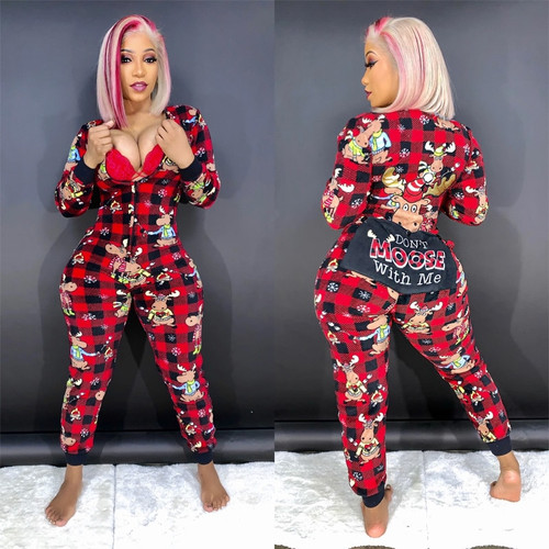 QueenLine Women Christmas jumpsuit long-sleeved trousers cotton blend romper zipper butt opening button playsuit Warm Overalls Pajama