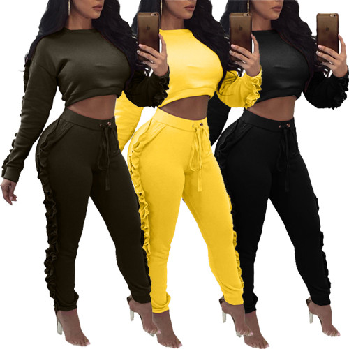 QueenLine Casual Spring Two Pieces Set Female Sets XL Women O Neck Long Sleeve Crop Ruffled Sweatshirts Tops and Elastic Pants Suits