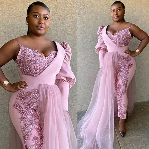 QueenLine Pink Jumpsuit African Evening Dresses One Shoulder Sequined Appliques Plus Size Prom Dress Robes De Soirée Formal Party Gown