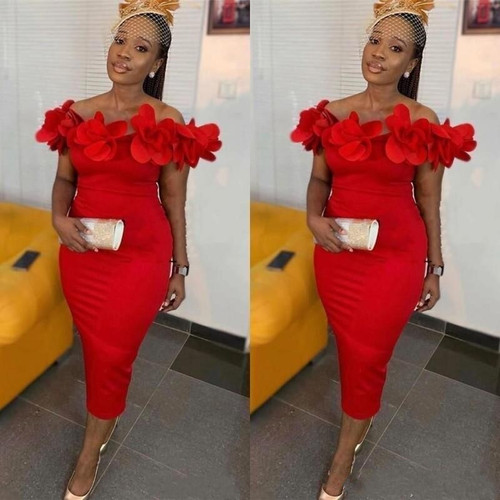 QueenLine African Sexy Off Shoulder Red Cocktail Party Dresses Plus Size 3D Flowers Tea Length Arabic Short Prom Dresses Club Wear