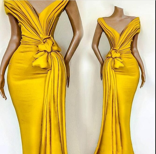 QueenLine Elegant Yellow Off Shoulder Satin Mermaid Evening Dresses Ruched Ruffles Sweep Train Formal Party Prom Dresses robes de soirée