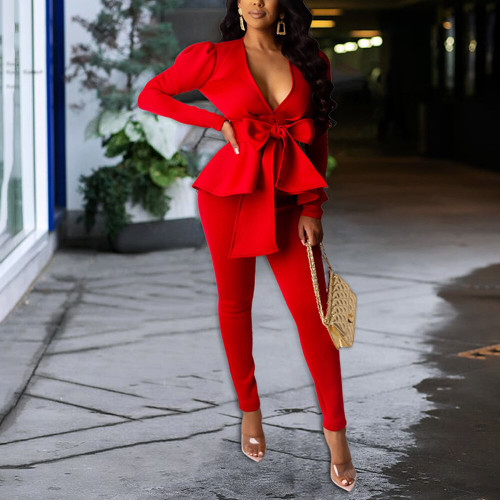 QueenLine Bow Ruffle Fashion Casual Two Piece Set Office Lady Business Suit V Neck Long Sleeve Blazer Top Pencil Pants Work Wear