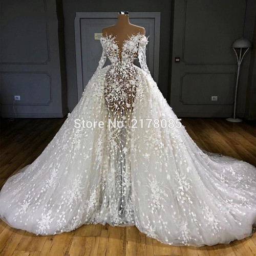 QueenLine Illusion Heavy Pearls Long Sleeve Mermaid Wedding Dresses With Detachable Train Flowers Luxury Bridal Gown Vestido De Novia