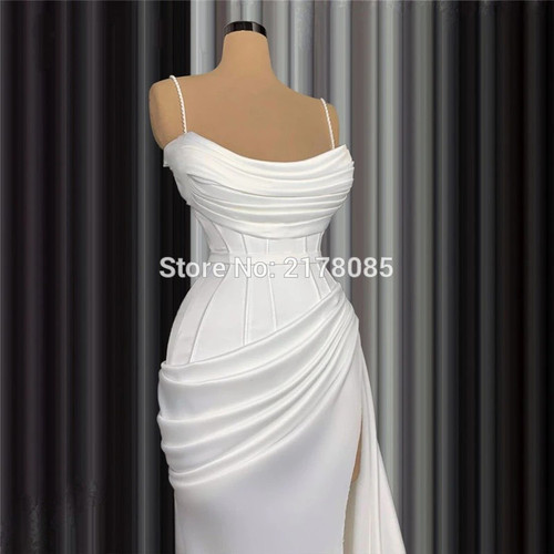 QueenLine  White Ivory Beaded Spaghetti Straps Mermaid African Prom Dresses High Split Side Satin Party Dress Middle East Evening Gown