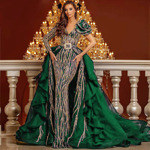 QueenLine Green Glitter Evening Dresses With Detachable Skirt Navy Blue One Long Sleeve Dubai Party Kaftan Abaya Saudi Arabia Prom Dresses