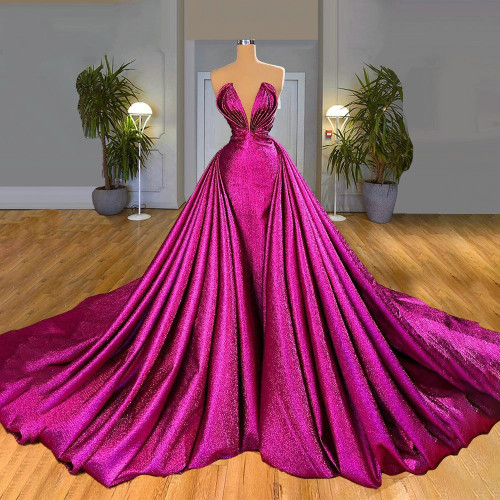 QueenLine  Long Fuchsia Mermaid Evening Dresses Overskirts Court Train Evening Gowns Formal Women Dresses