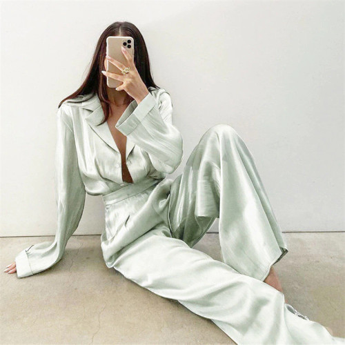 QueenLine  Vintage Two Piece Sets Pearl Green Shirt And High Waist Wide Leg Pants 2 Piece Set Female Elegant Deep V Neck Jumpsuit