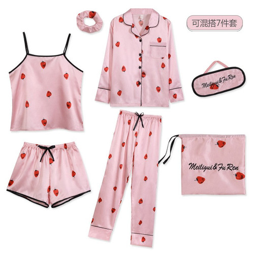 QueenLine  Strawberry Print 7pcs Pajamas Sets Women Sleepwear Silk Satin Pajamas Pyjamas Set Long Sleeve Winter and Summer Full Pajamas Set