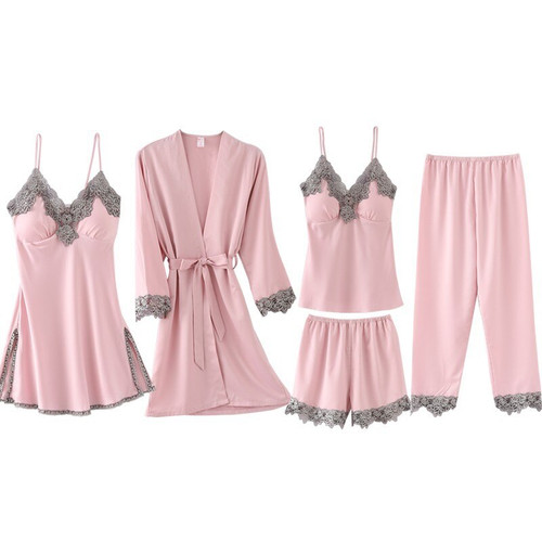 QueenLine  Women Pajamas Set  Summer Autumn Spring Lounge 5 Pieces Sleepwear Set Silk Elegant Shorts Sleeve Top Elastic Waist Pants Set