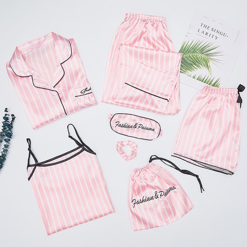 QueenLine  Autumn Spring 7 Pieces Set Silk Elegant Women Pajamas stripe Shorts Long Sleeve Tops Elastic Waist Pants Full Lounge Sleepwear