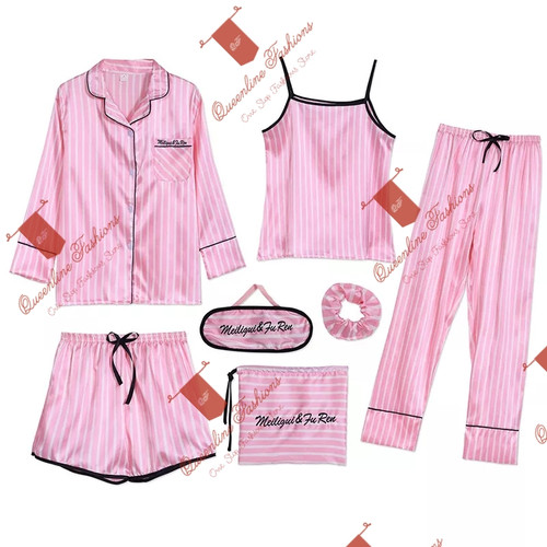 QueenLine  Sleepwear 7 Pieces Pyjama Set  Women Autumn Winter Sexy Pajamas Sets Sleep Suits Soft Sweet Cute Nightwear Gift Home Clothes