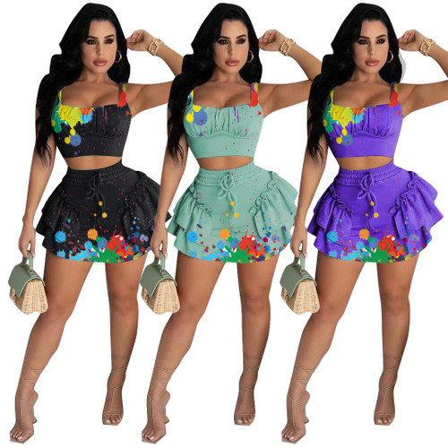 QueenLine  New Women Clothing Two Piece Set Vest Skirt Tracksuit Sport Suit Jogging Lounge wooden ear binding waistcoat short skirt
