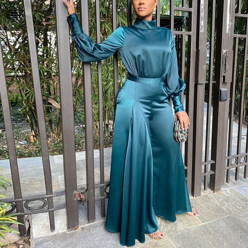 QueenLine  Women Satin Long Sleeve Tunic Jumpsuit Classy Wide Leg Overalls Elegant Evening Party Jumpsuit OL Workwear