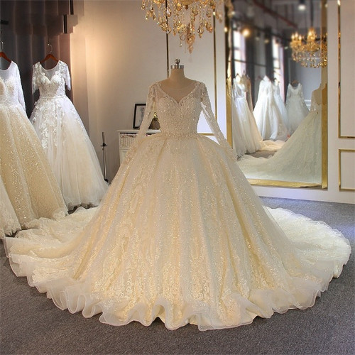 QueenLine Stunning Full Beading Shinny Wedding Dress Long Sleeves Bridal Dress Real Work