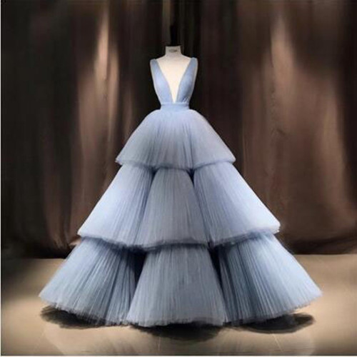 QueenLine Real Image Sky Blue Ball Gown Evening Party Dresses Fashion Deep V Neck Puffy Chic Tiered Tulle Prom Gowns Robe de soiree