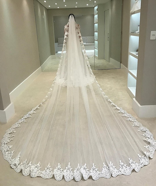 QueenLine White Ivory 4 Meters Long Full Edge Lace Wedding Veil One Layer Tulle Bridal Veil with Comb Wedding Accessories Veu De Noiva|Bridal Veils