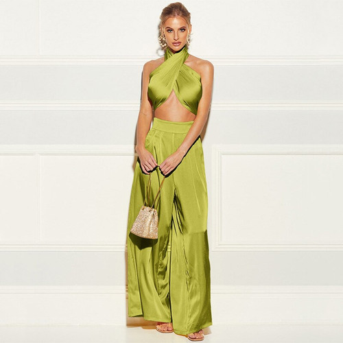QueenLine Trousers Two Piece Set For Women Halter Sleeveless Crop Top Wide Leg Pants Suit Ladies Casual Strapless Sets Fashion