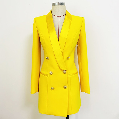 QueenLine HIGH QUALITY Newest Designer Long Blazer Lion Buttons Double Breasted Satin Shawl Collar Blazer Dress Fluorescent Yellow