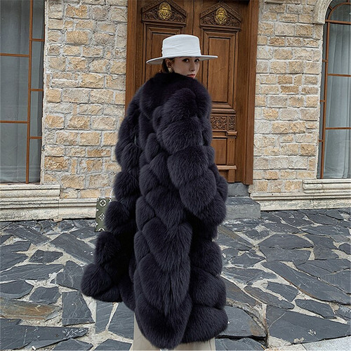 QueenLine Real Fox Fur Long Coat Full Sleeves Women Plus Size Luxury Plush Female Fox Coats Winter Jacket Natural Fur High Quality