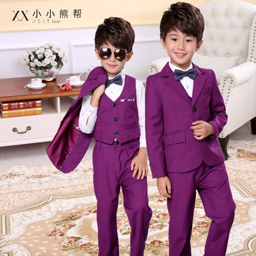 QueenLine 3 Pieces Child Suits High Quality Wedding Boy Jacket Pant Vest Kids Formal Dress School Student Party Costumes Purple Black,F136