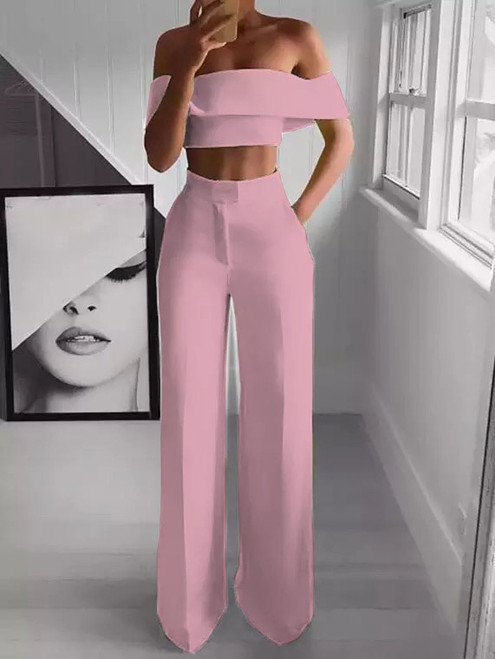 QueenLine Sexy Off the Shoulder Cropped Top High Waist Wide Leg Pants Set Bell-bottom Trousers Sexy Solid Women Clothes 2 Pieces Set