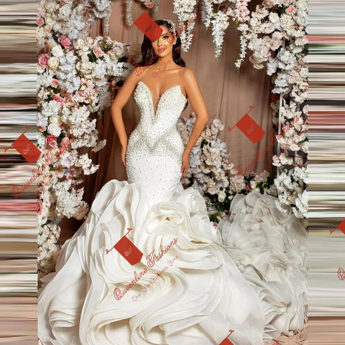 QueenLine Sexy Wedding Dresses Mermaid Strapless Ruffle Long Train Crystal Beaded Diamond Luxury Formal Bridal Gowns Custom Size SK16
