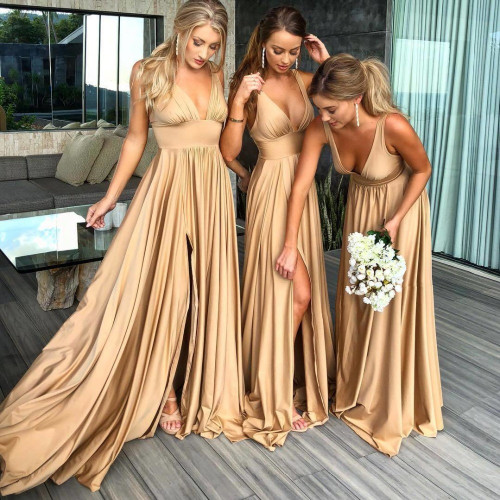 QueenLine Robe Demoiselle D'honneur Sexy Slit Champagne Gold Bridesmaid Dresses Long Spandex V Neck Formal Prom Party Gown BM0141