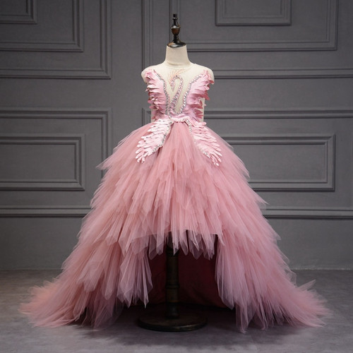 QueenLine Elegant Swan Crystal Tulle Trailing Flower Girl Dress Evening Gown Kids Pageant Dress Birthday Party Feather Lace Princess Dress