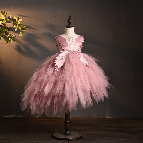 QueenLine Elegant Swan Crystal Tulle Flower Girl Dress for Wedding Kids Pageant Evening Gown Birthday Party Feather Lace Princess Dresses