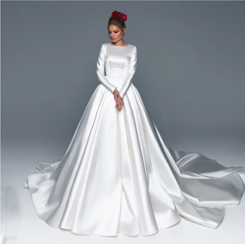 QueenLine Full Sleeve Button Wedding Dresses with Satin A-Line Floor-Length Back Sweep Train White Bridal Gowns vestidos de novia платье