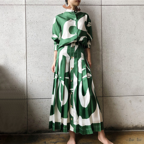 QueenLine Print Hit Color Two Piece Set For Women O Neck Shirt High Waist Skirt Female Suit Autumn Big Size Fashion New