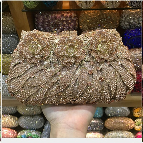 QueenLine 18 Colors Wedding Formal Dinner Clutch Women Gold Crystal Evening Clutch Bags Metal Clutches Handbags Flower Bridal Purse Wallet