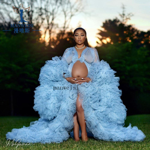 QueenLine Bridal Fluffy Tulle Maternity Robes Custom Made Sky Blue Pregnant Women Evening Dresses Photo Shoot Birthday Party Bathrobe