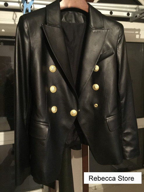 QueenLine REAL LEATHER BLAZER FOR WOMAN DOUBLE BREASTED FRONT LONG SLEEVED CUFFS BUTTONED